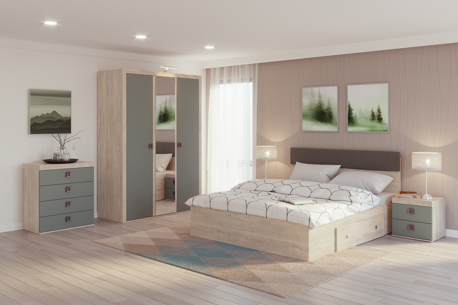 Dormitor Domino cu șifonier 3 uși L147 și pat cu 1 sertar - imagine 4