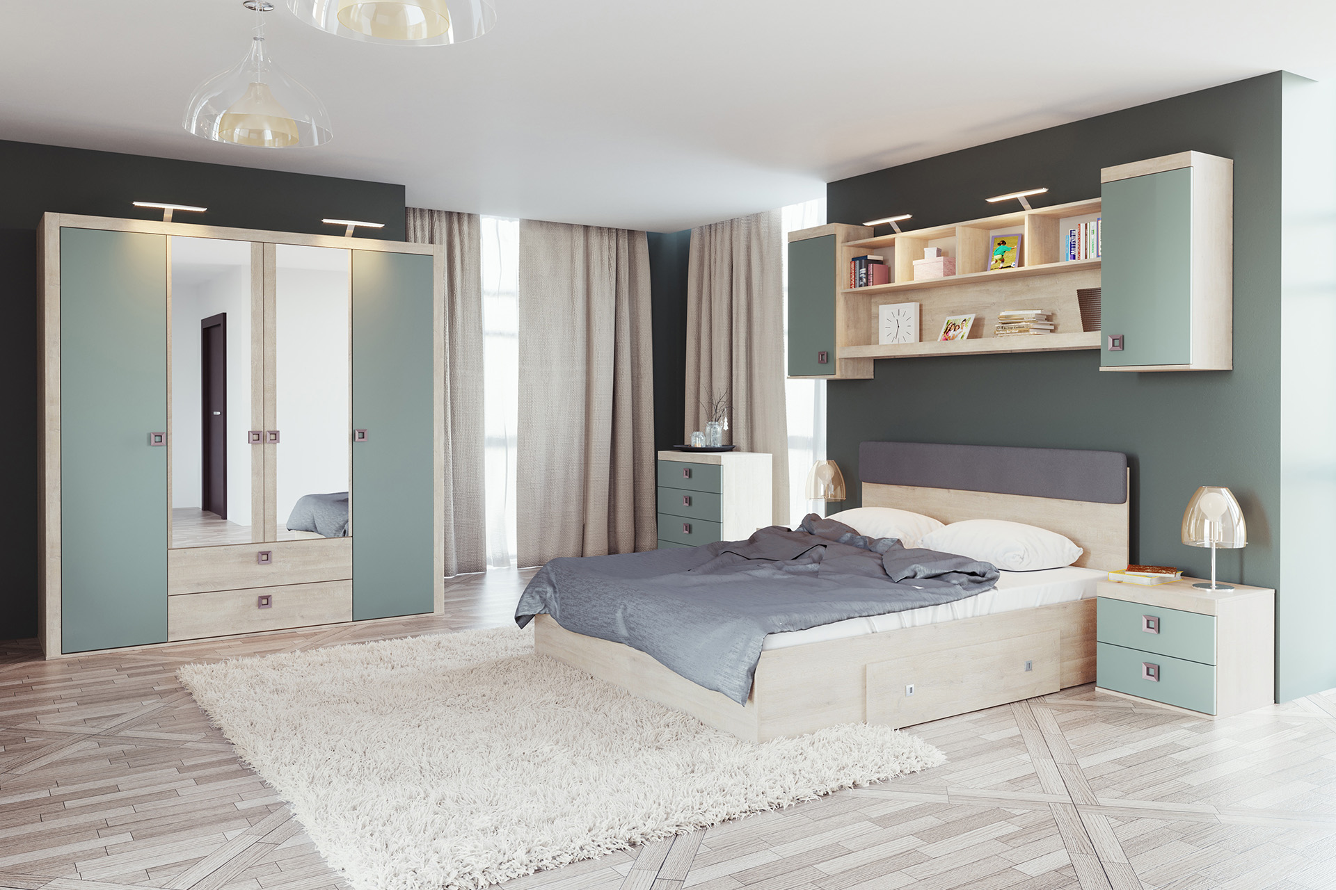 Dormitor Domino cu șifonier 4 uși L192 si pat cu un sertar - imagine 4